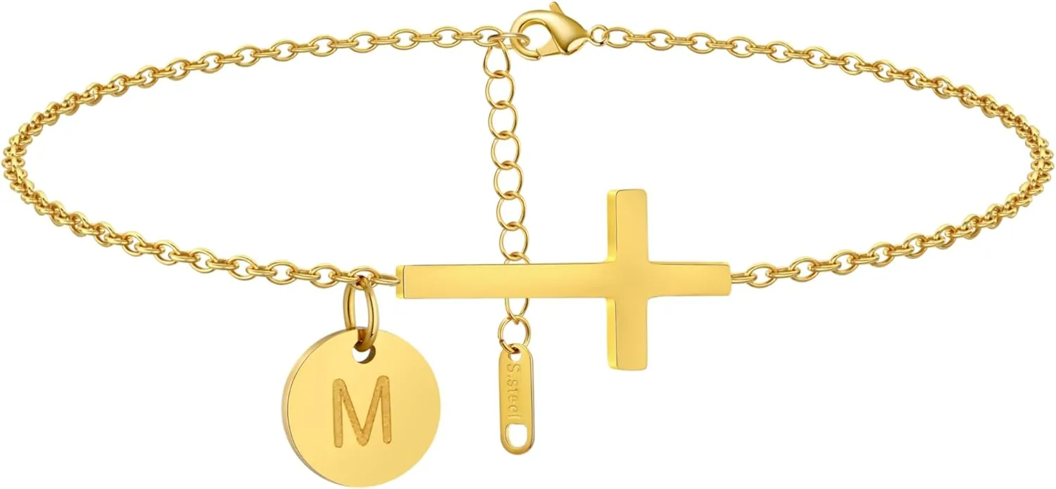 Gold Initial Ankle Bracelets for Women Dainty Waterproof Gold Cross Chain Anklet Personalized A-Z Coin Disc Letter Ankle Bracelet Summer Beach Jewelry