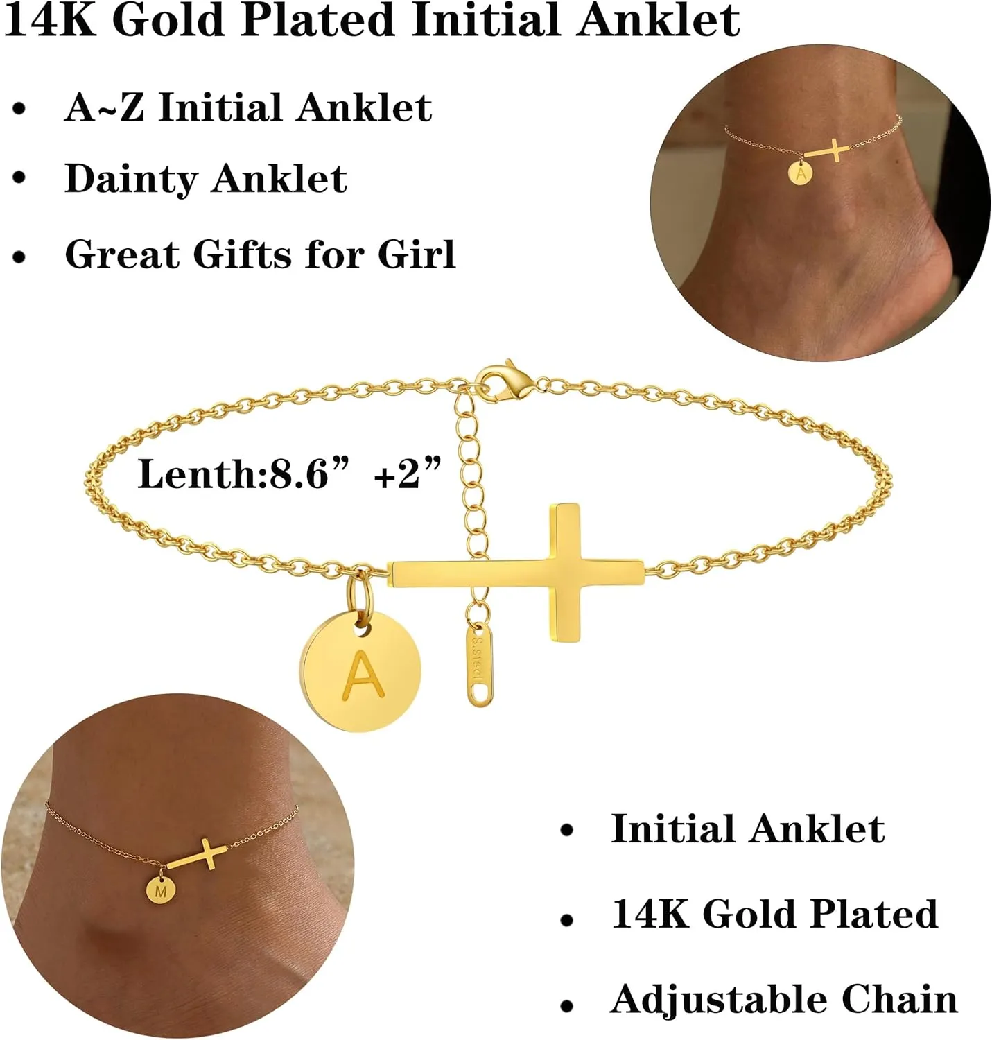 Gold Initial Anklet Bracelets for Women, Dainty Waterproof 14K Gold Cross Anklet Personalized A-Z Disc Letter Ankle Bracelet Summer Beach Jewelry Friendship Gifts