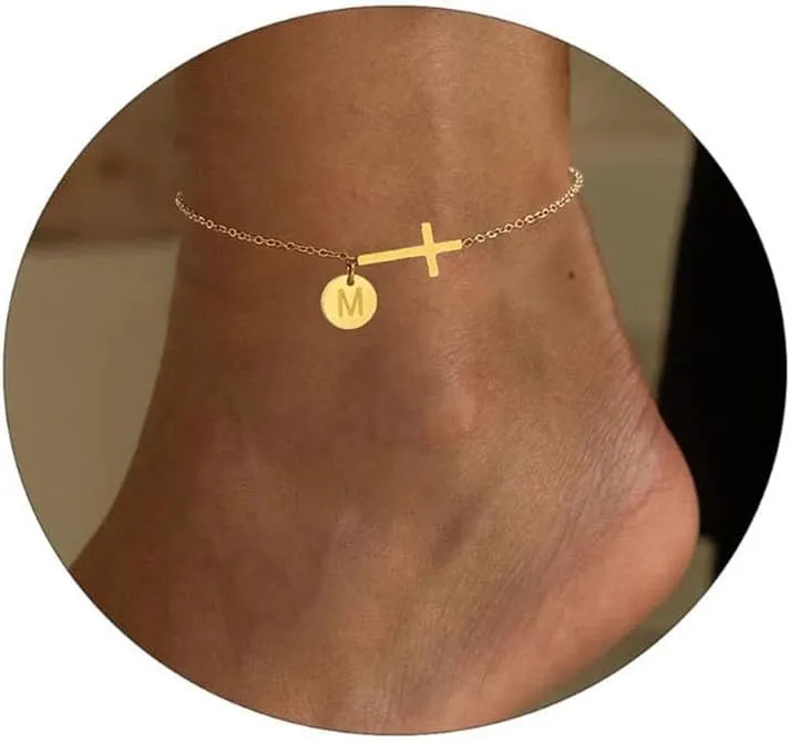 Gold Initial Anklet Bracelets for Women, Dainty Waterproof 14K Gold Cross Anklet Personalized A-Z Disc Letter Ankle Bracelet Summer Beach Jewelry Friendship Gifts