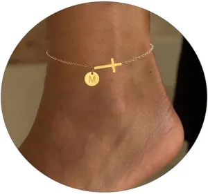Gold Initial Anklet Bracelets for Women, Dainty Waterproof 14K Gold Cross Anklet Personalized A-Z Disc Letter Ankle Bracelet Summer Beach Jewelry Friendship Gifts