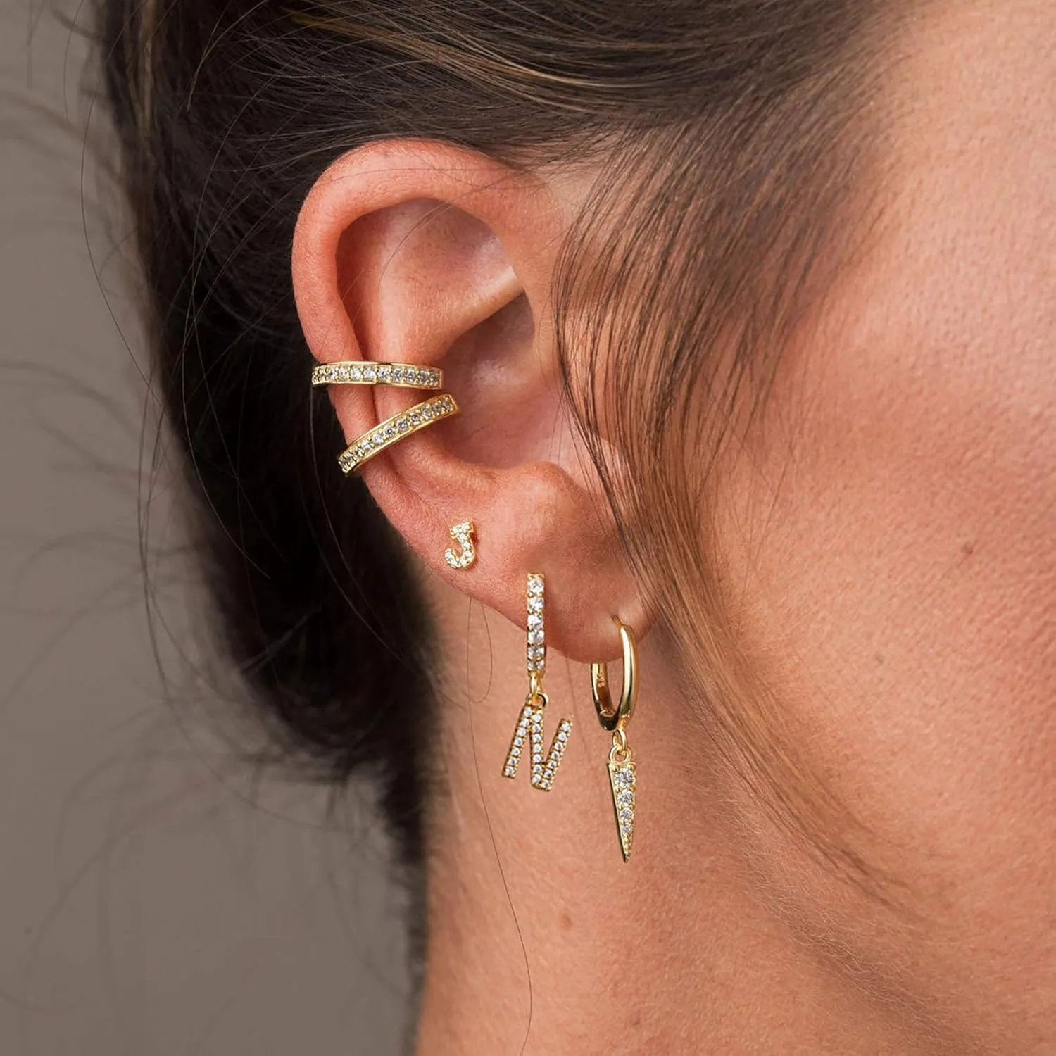 Gold Initial Earring 14K Gold Plated Dainty Tiny Diamond Cubic Zirconia Inlay Alphabet Letter Charm Drop Dangle Huggie Hoop Earrings Delicate Jewelry
