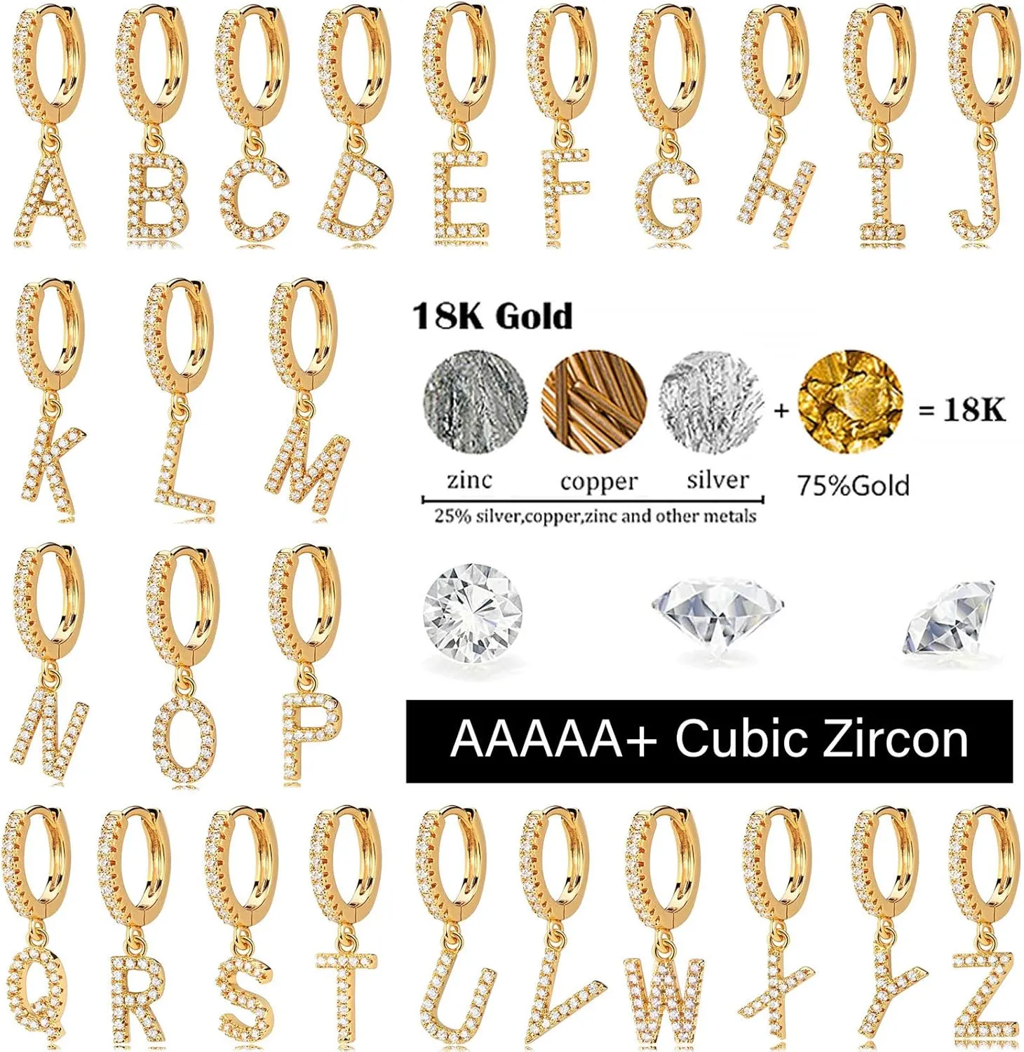 Gold Initial Earring 14K Gold Plated Dainty Tiny Diamond Cubic Zirconia Inlay Alphabet Letter Charm Drop Dangle Huggie Hoop Earrings Delicate Jewelry