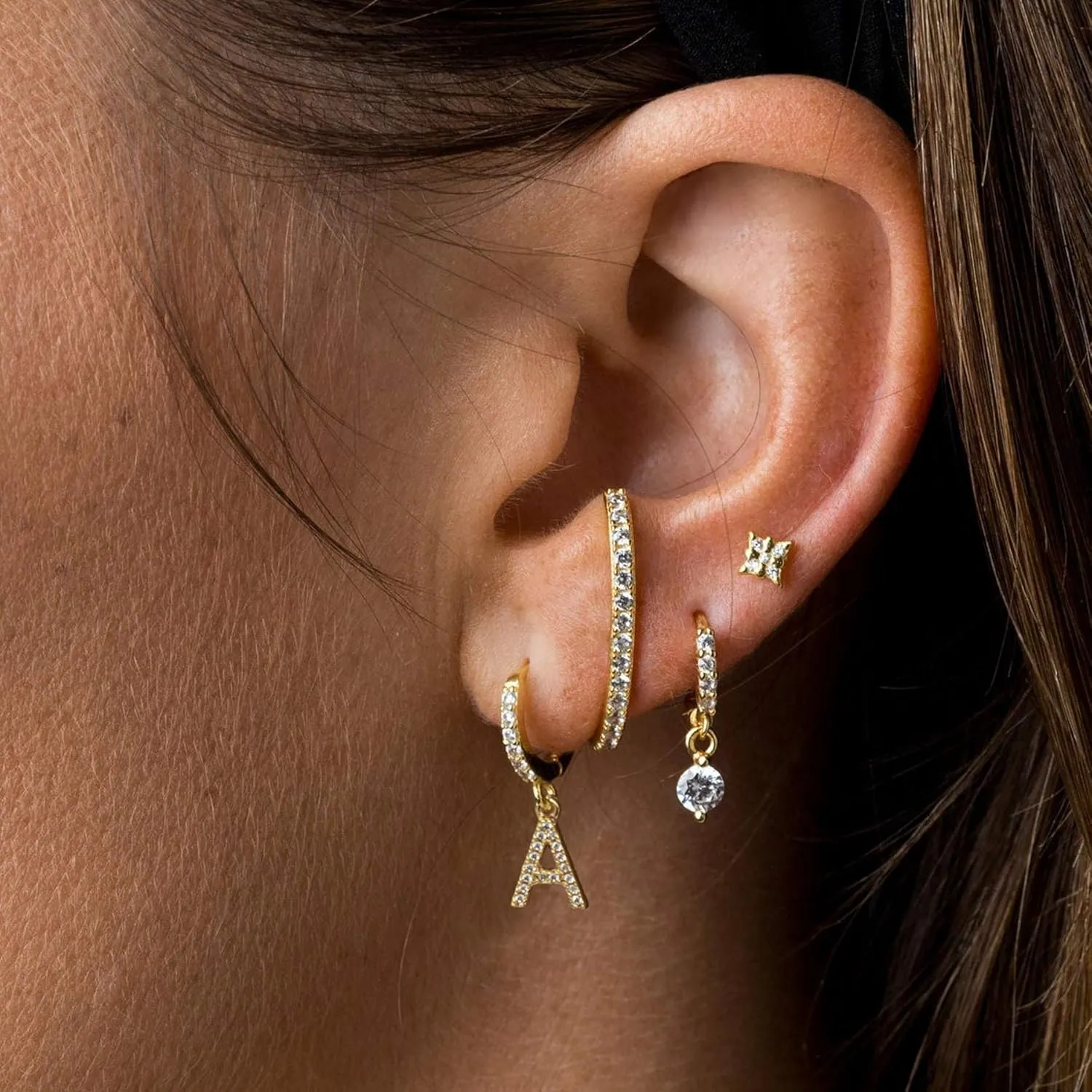 Gold Initial Earring 14K Gold Plated Dainty Tiny Diamond Cubic Zirconia Inlay Alphabet Letter Charm Drop Dangle Huggie Hoop Earrings Delicate Jewelry