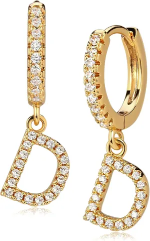 Gold Initial Earring 14K Gold Plated Dainty Tiny Diamond Cubic Zirconia Inlay Alphabet Letter Charm Drop Dangle Huggie Hoop Earrings Delicate Jewelry