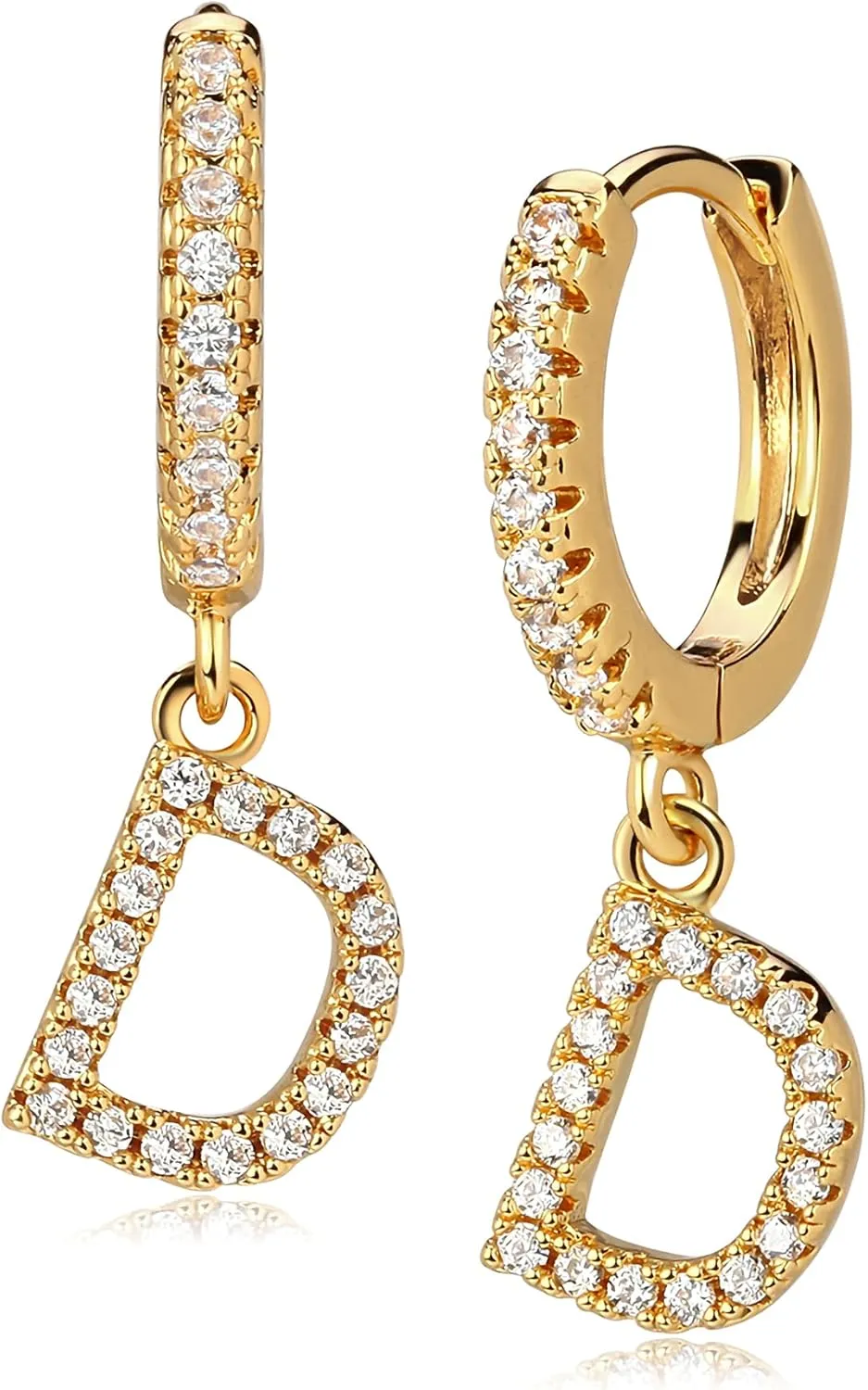 Gold Initial Earring 14K Gold Plated Dainty Tiny Diamond Cubic Zirconia Inlay Alphabet Letter Charm Drop Dangle Huggie Hoop Earrings Delicate Jewelry