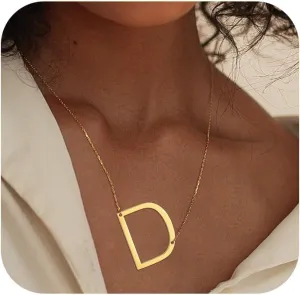 Gold Initial Necklaces for Women 14K Gold Plated Dainty Sideways Letter Necklace Trendy Personalized Monogram Name A-Z Pendant Choker Necklace Gold Jewelry for Women Gifts