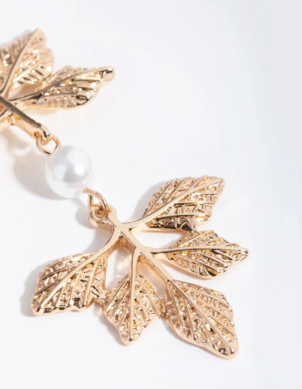 Gold Pearl Foil Leaf Drop Earrings