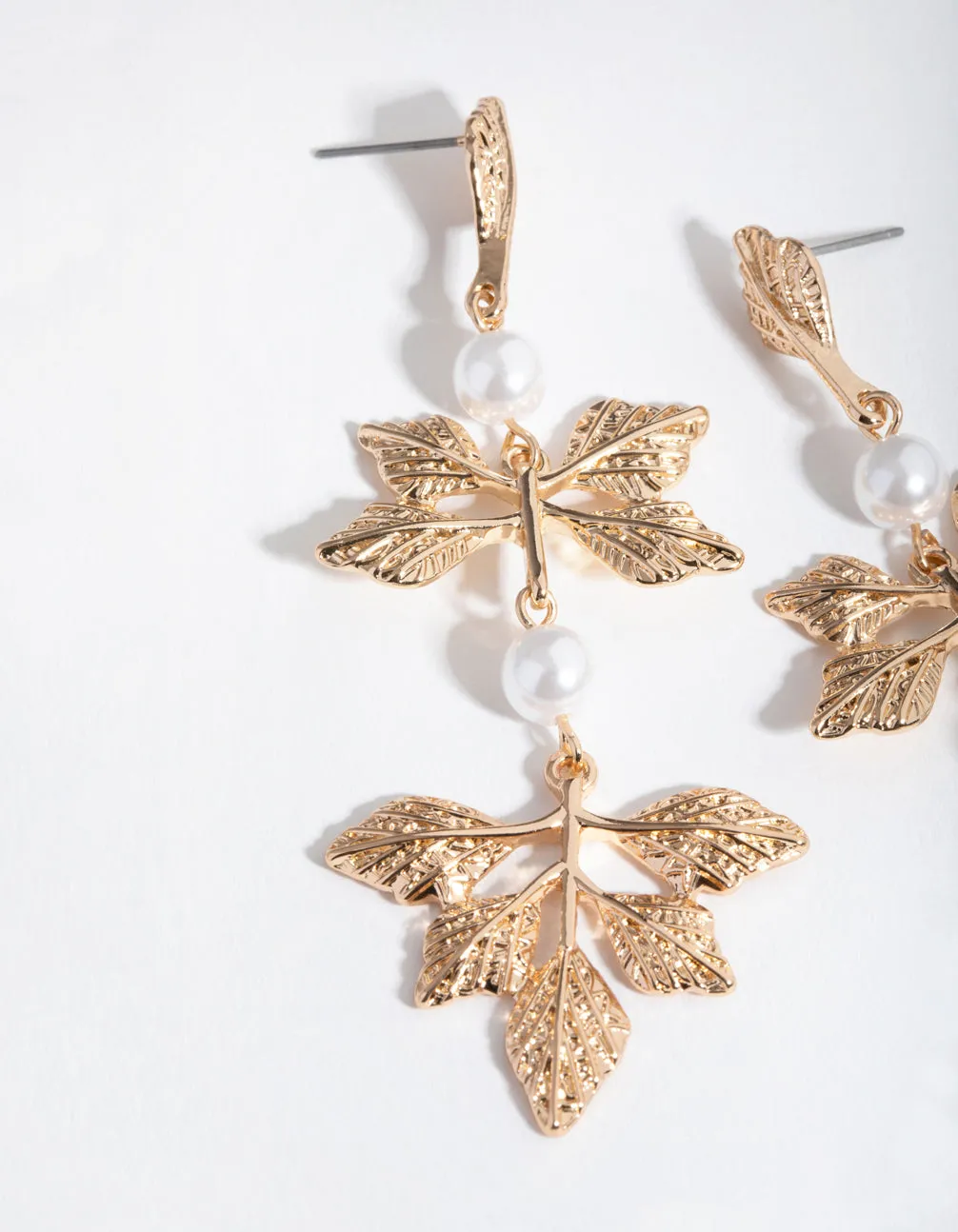 Gold Pearl Foil Leaf Drop Earrings