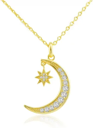 Gold Plated Moon Necklace for Women, Moon and Star Pendant Dainty Trendy Gold Chain Necklace Jewelry Gift for Girls