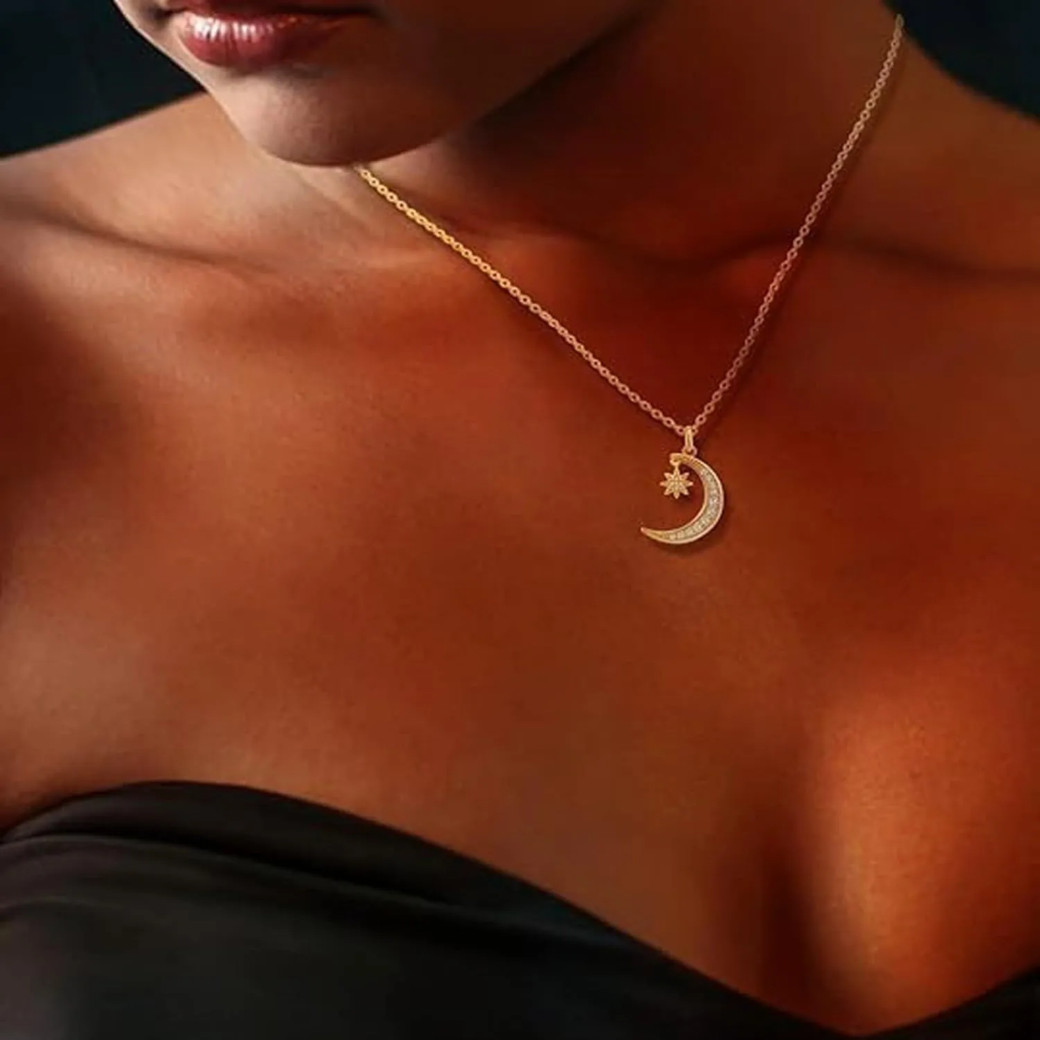 Gold Plated Moon Necklace for Women, Moon and Star Pendant Dainty Trendy Gold Chain Necklace Jewelry Gift for Girls