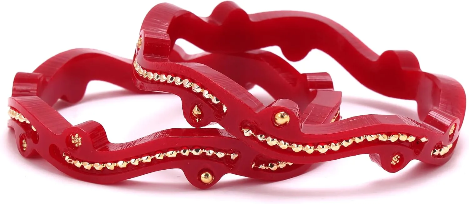 Gold Plated Red & White Color Curve Style Pola Bangles Set of 4 Gift For Her Women Jewelry Indian Bollywood Handcrafted Bangle Bracelets Kangan