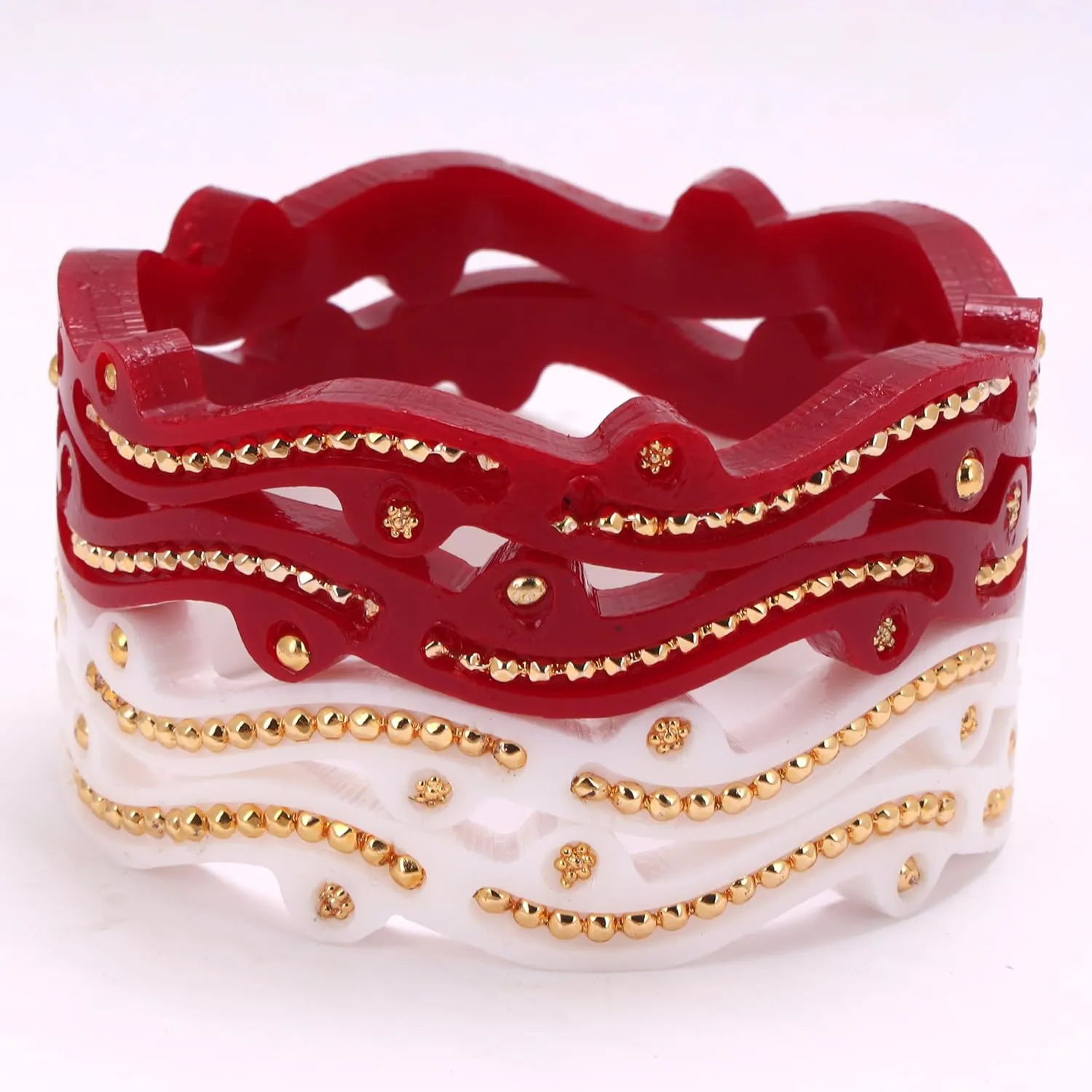Gold Plated Red & White Color Curve Style Pola Bangles Set of 4 Gift For Her Women Jewelry Indian Bollywood Handcrafted Bangle Bracelets Kangan