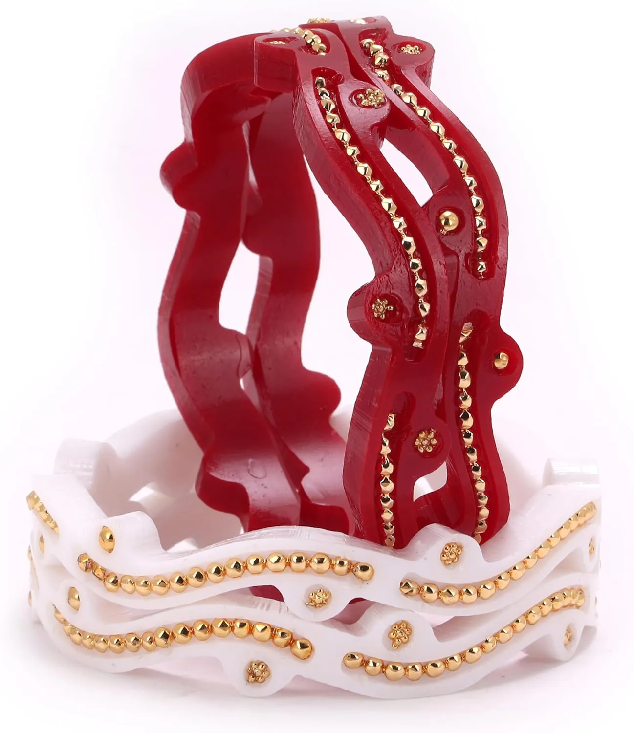 Gold Plated Red & White Color Curve Style Pola Bangles Set of 4 Gift For Her Women Jewelry Indian Bollywood Handcrafted Bangle Bracelets Kangan