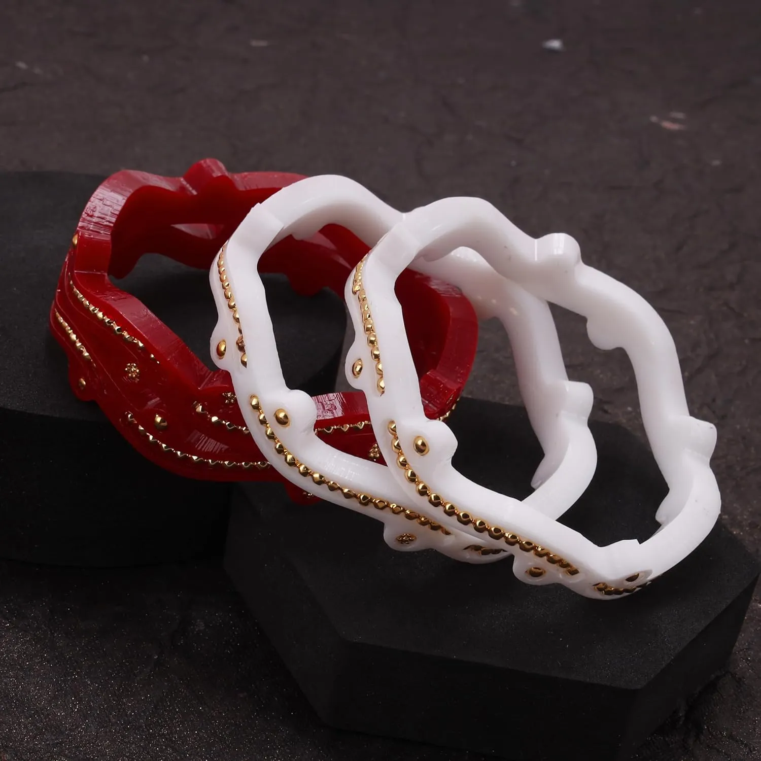 Gold Plated Red & White Color Curve Style Pola Bangles Set of 4 Gift For Her Women Jewelry Indian Bollywood Handcrafted Bangle Bracelets Kangan