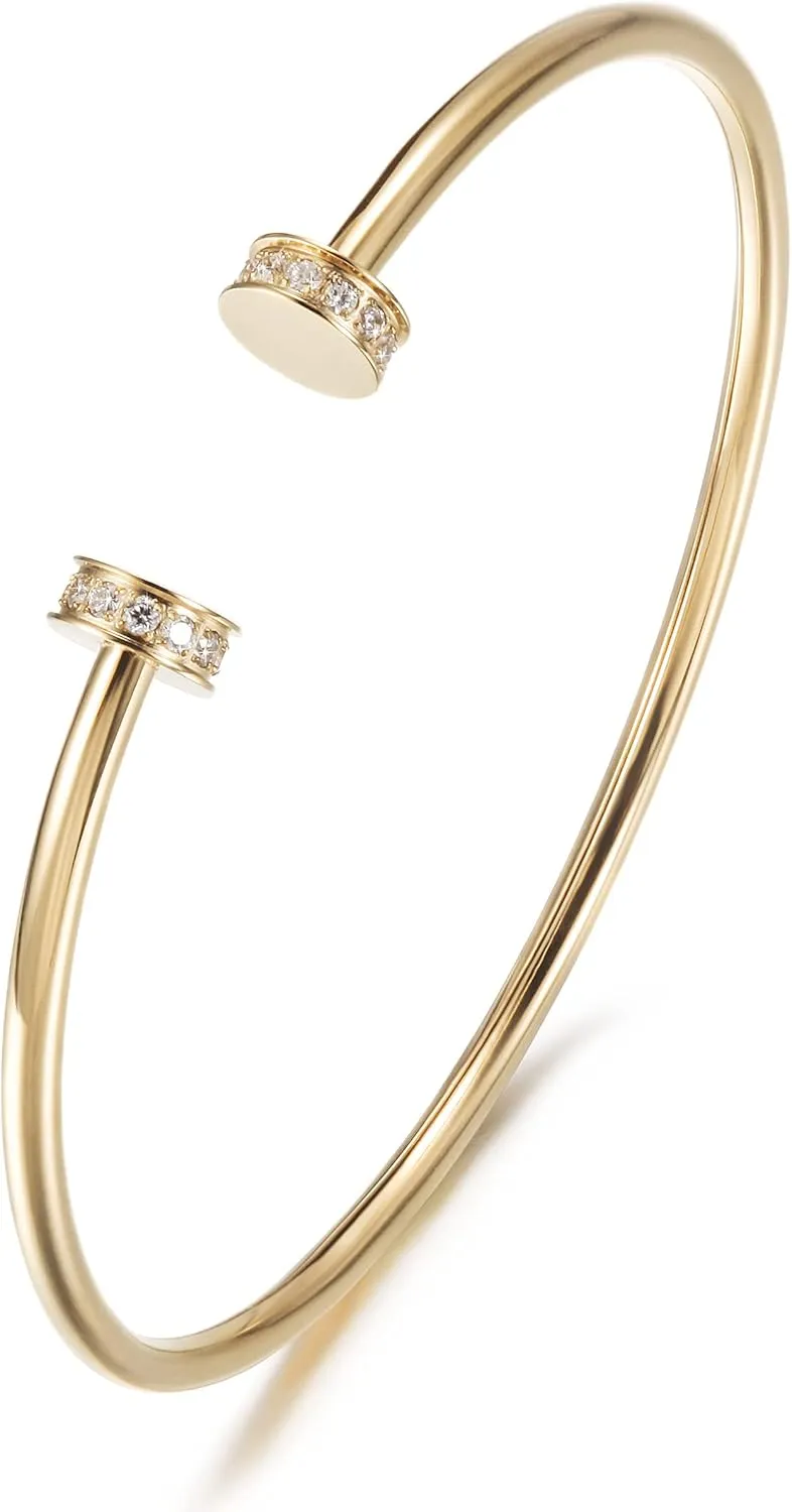 Gold Shiny Cuff with Round CZ Bangle Bracelet for Women Polished Thin Stainless Steel Jewelry for Men Gift