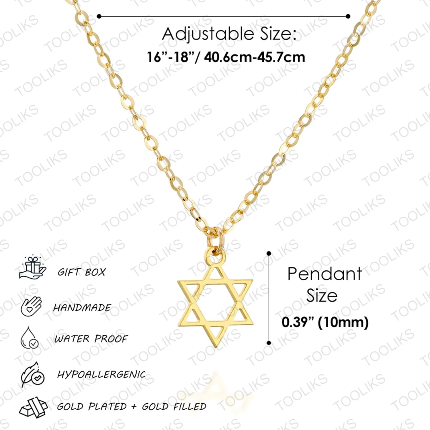Gold Star of David Necklace - Jewish Magen David Israel Jewelry length 16"   2" extender (gold)