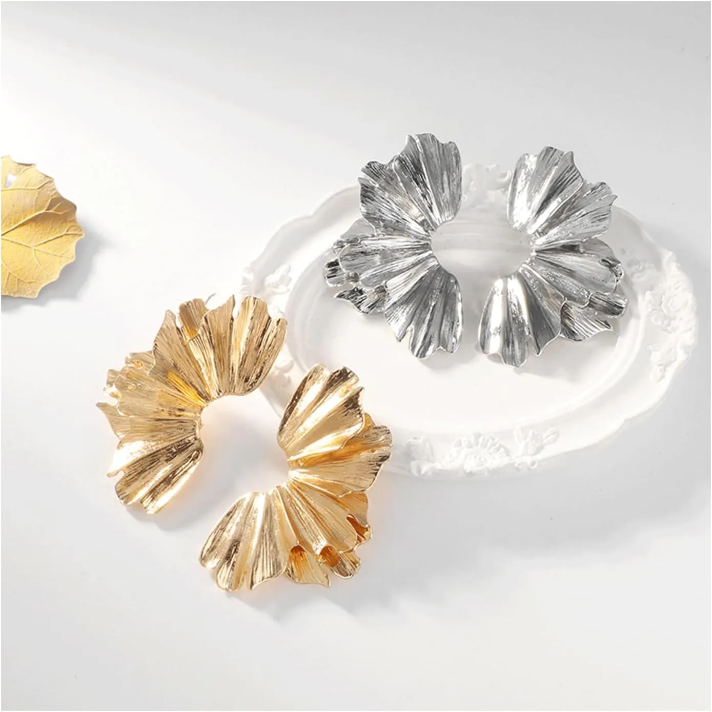 Gold Statement Earrings for Women Large Gold Earrings Gold Flower Earrings Ginkgo Leaf Earrings Summer Beach Party Jewelry for Women