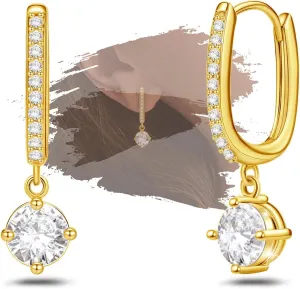 Gold U Hoop Earrings with Dangle Round for Women Sterling Silver Hypoallergenic Cubic Zirconia U-Shaped Loop Dangling Earrings Trendy for Sensitive Ears Lightweight Fashion Jewelry Gifts