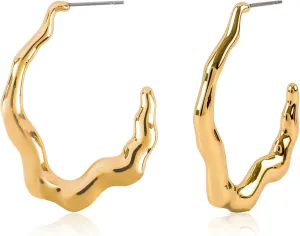 Gold Wave Hoop Earrings for Women Dangle Gold Plated Minimalist Chunky Hoop Earrings Elegant Simple Open Hoop Post Statement Earrings Trendy Summer Beach Vacation Party Jewelry Gift for Her