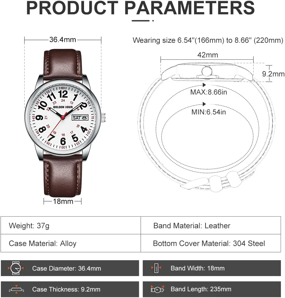 GOLDEN HOUR Easy Read Analog Quartz Watch for Men with Stainless Steel Expansion Band and 36mm Glow Dial