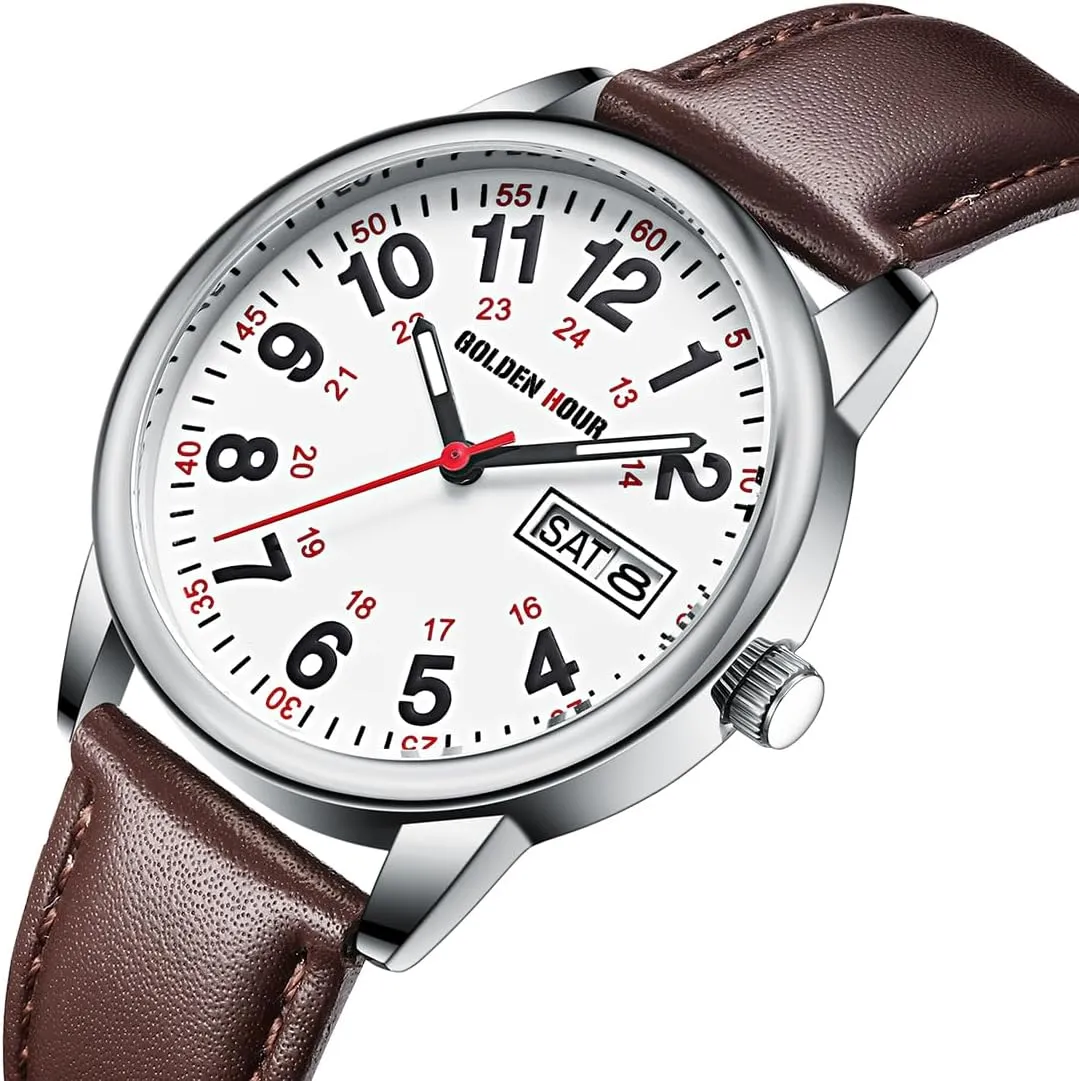 GOLDEN HOUR Easy Read Analog Quartz Watch for Men with Stainless Steel Expansion Band and 36mm Glow Dial