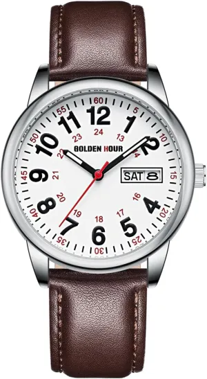 GOLDEN HOUR Easy Read Analog Quartz Watch for Men with Stainless Steel Expansion Band and 36mm Glow Dial
