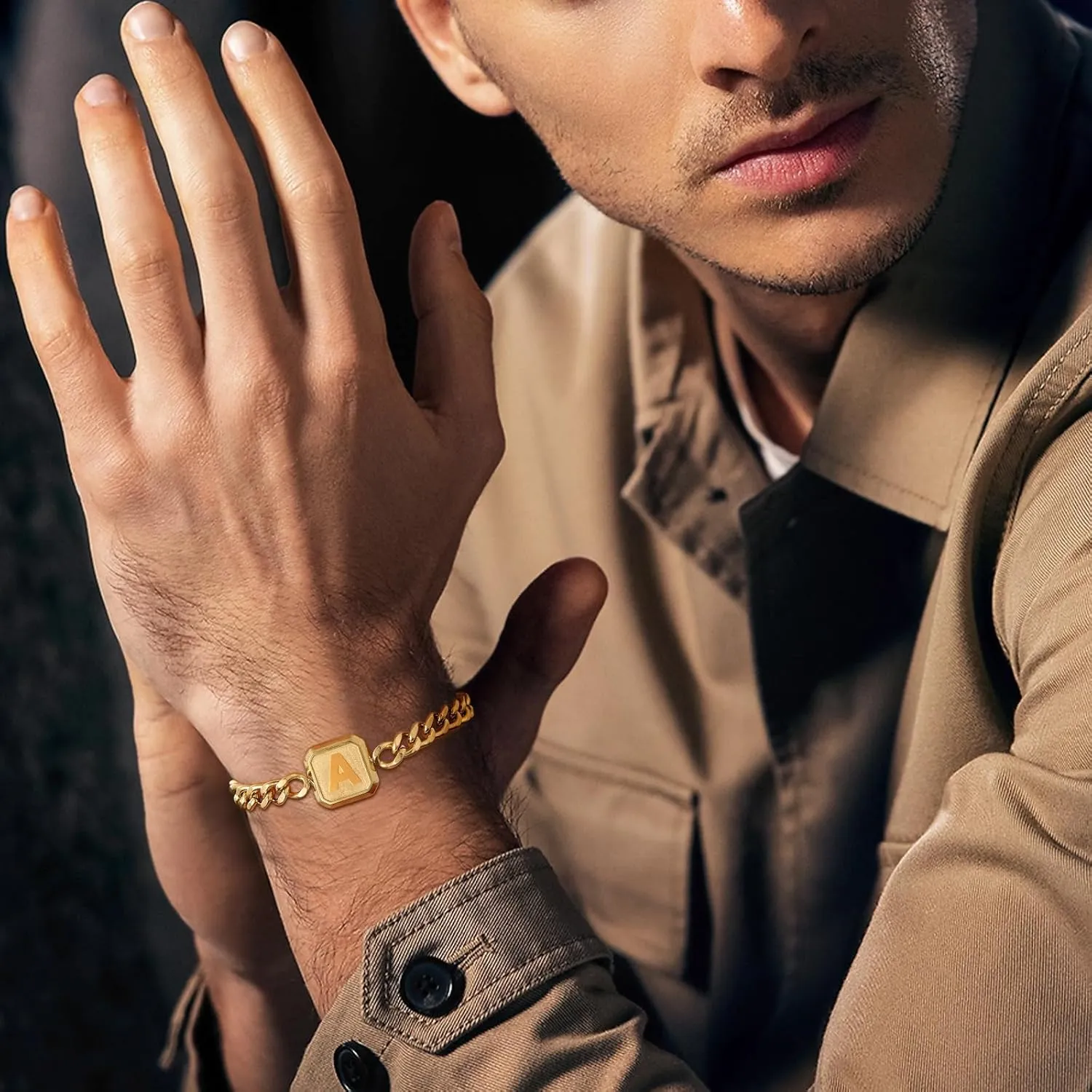 Graduation Gifts-Initial Bracelet Gold/Silver/Black Squre A-Z Letter Cuban Link Chain Mens Bracelets Adjustable Size Stainless Steel Men Jewelry Gifts Graduation Gifts for him Husband Dad Brother Son