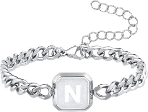 Graduation Gifts-Initial Bracelet Gold/Silver/Black Squre A-Z Letter Cuban Link Chain Mens Bracelets Adjustable Size Stainless Steel Men Jewelry Gifts Graduation Gifts for him Husband Dad Brother Son