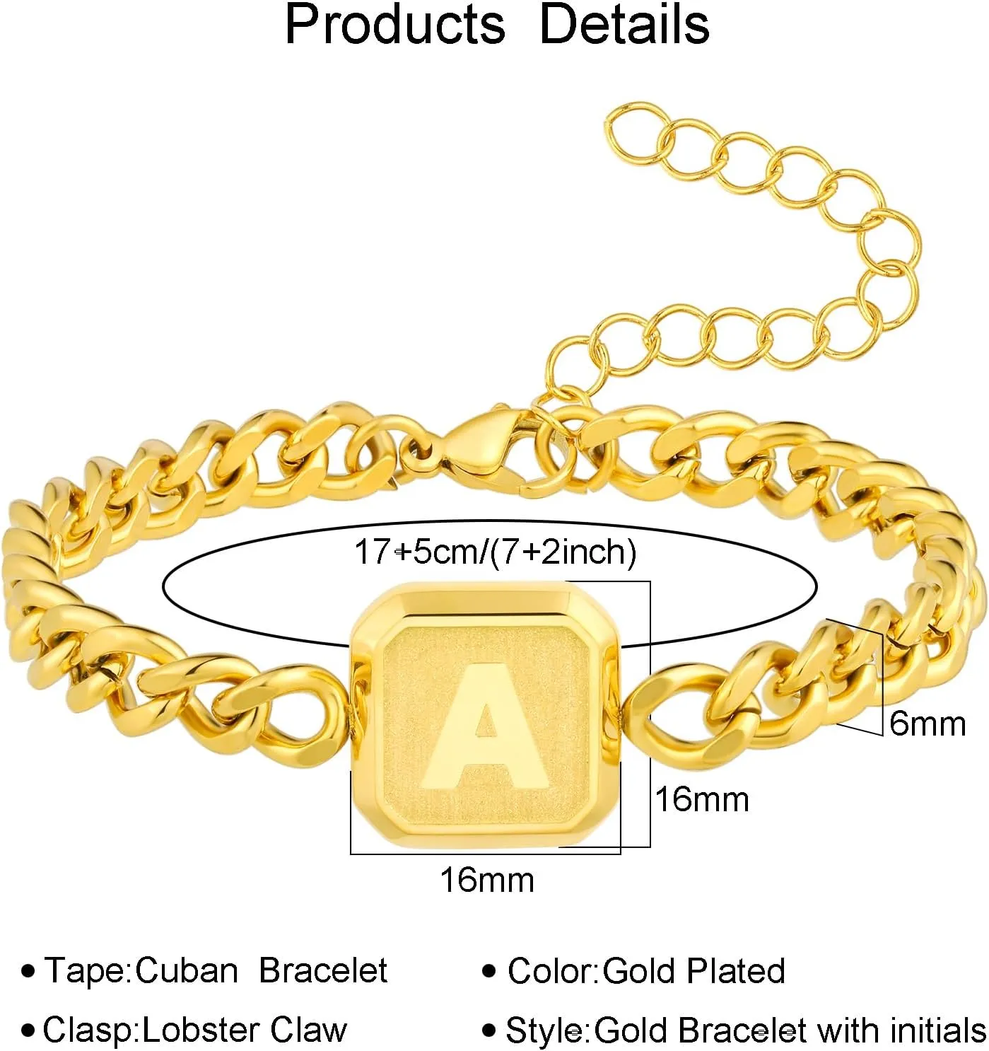 Graduation Gifts-Initial Bracelet Gold/Silver/Black Squre A-Z Letter Cuban Link Chain Mens Bracelets Adjustable Size Stainless Steel Men Jewelry Gifts Graduation Gifts for him Husband Dad Brother Son