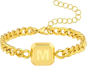 Graduation Gifts-Initial Bracelet Gold/Silver/Black Squre A-Z Letter Cuban Link Chain Mens Bracelets Adjustable Size Stainless Steel Men Jewelry Gifts Graduation Gifts for him Husband Dad Brother Son