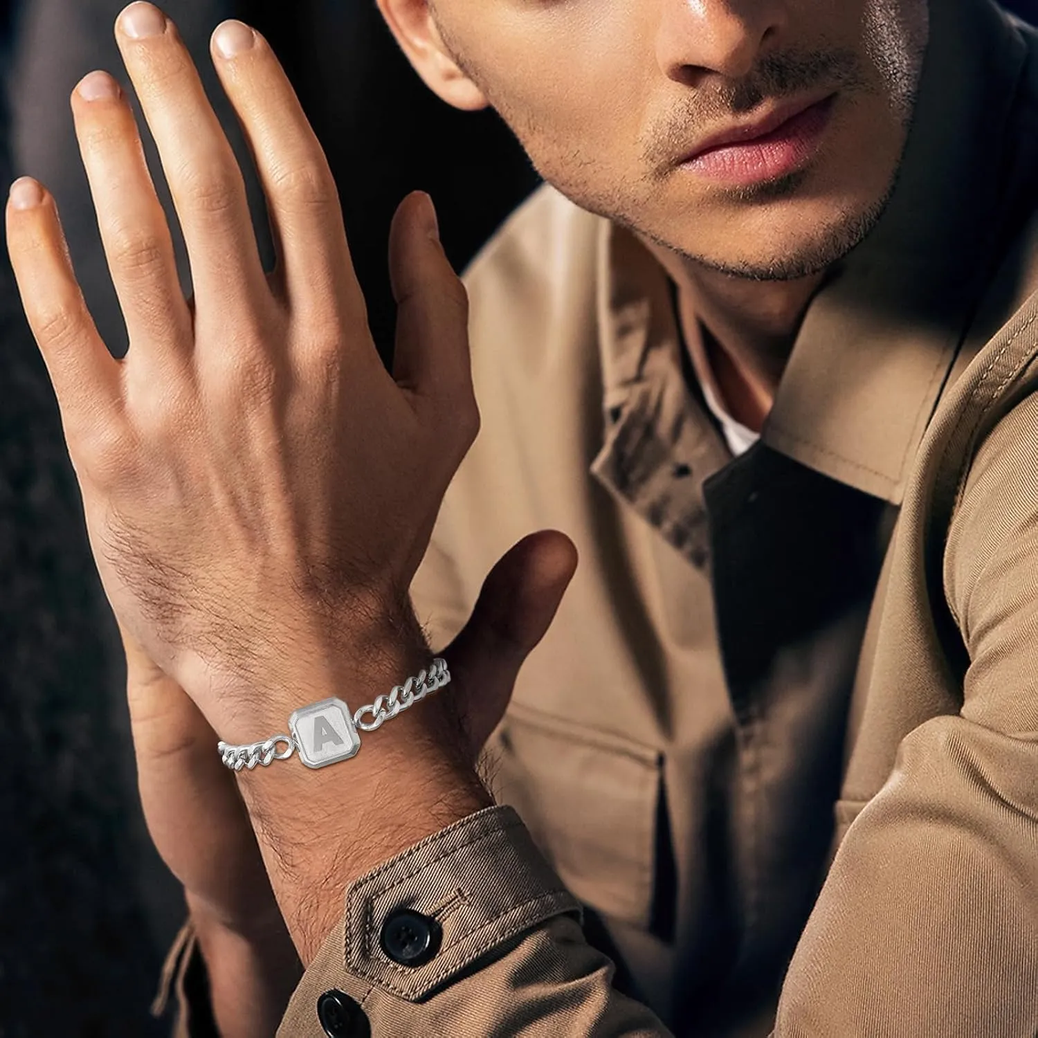 Graduation Gifts-Initial Bracelet Gold/Silver/Black Squre A-Z Letter Cuban Link Chain Mens Bracelets Adjustable Size Stainless Steel Men Jewelry Gifts Graduation Gifts for him Husband Dad Brother Son
