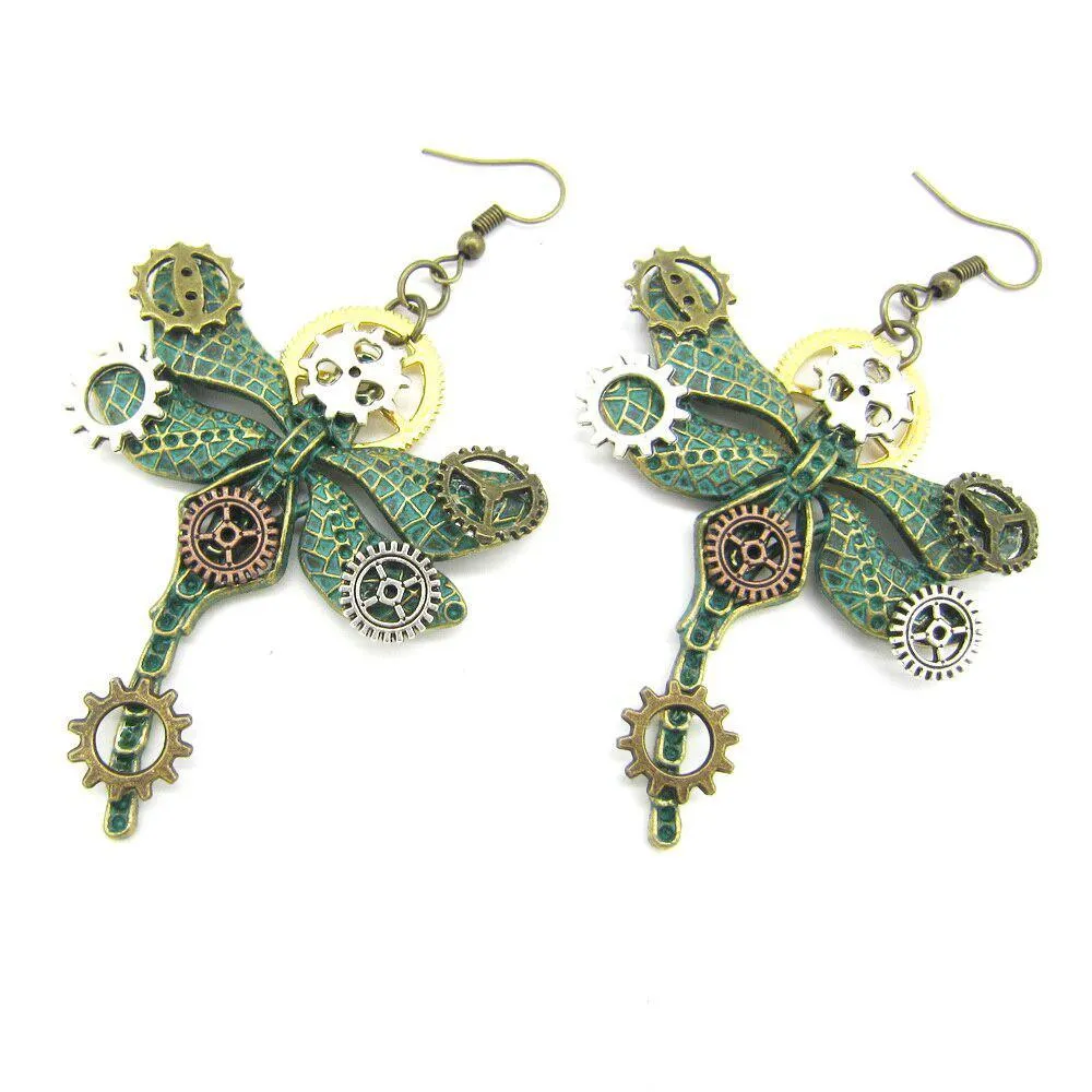 Green Vintage Dragonfly Drop Earrings