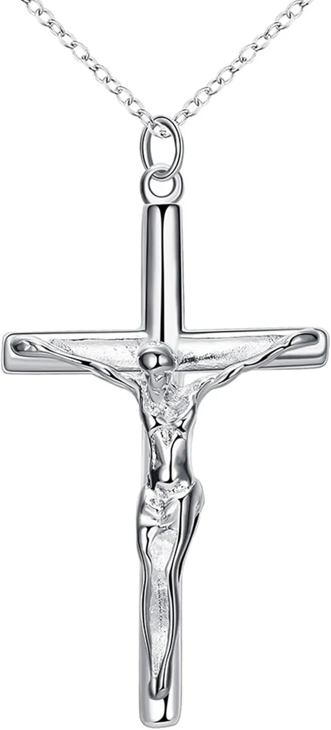 Greendou Fashion Jewelry 925 Sterling Silver Jesus Cross Pendant Necklace