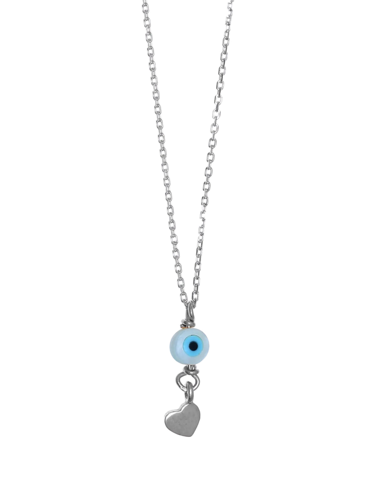 Gregio Tiny Shiny Necklace w/ Evil Eye & Heart - Silver