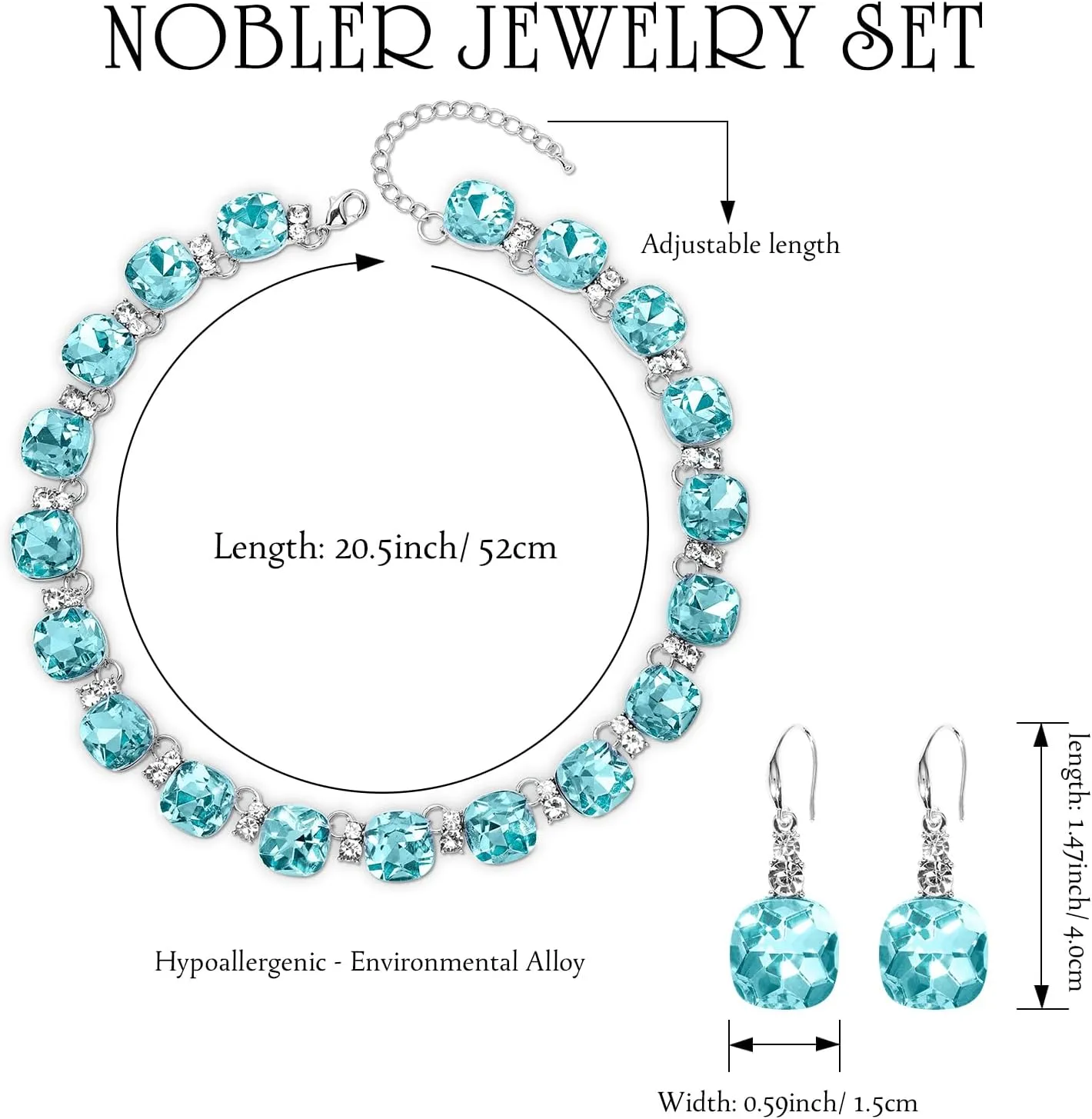 Grey/Blue Austrian Crystal Wedding Bridal Jewelry Set for Brides Bridesmaid, Gemstone Statement Necklace and Earring Set Formal Prom Jewelry Set for Silver-Tone Fit With Evening Dress
