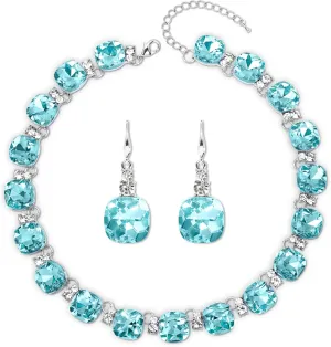 Grey/Blue Austrian Crystal Wedding Bridal Jewelry Set for Brides Bridesmaid, Gemstone Statement Necklace and Earring Set Formal Prom Jewelry Set for Silver-Tone Fit With Evening Dress
