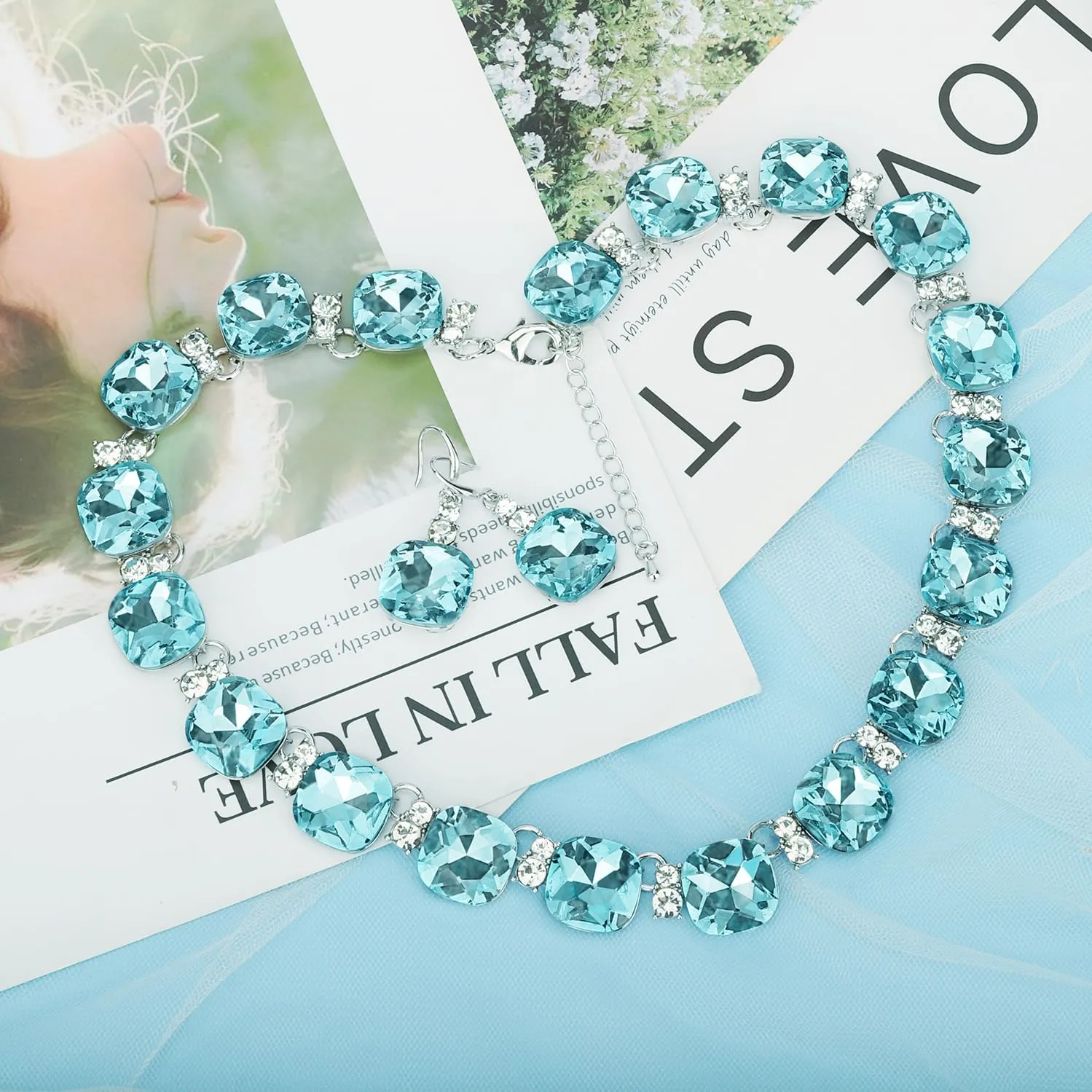 Grey/Blue Austrian Crystal Wedding Bridal Jewelry Set for Brides Bridesmaid, Gemstone Statement Necklace and Earring Set Formal Prom Jewelry Set for Silver-Tone Fit With Evening Dress