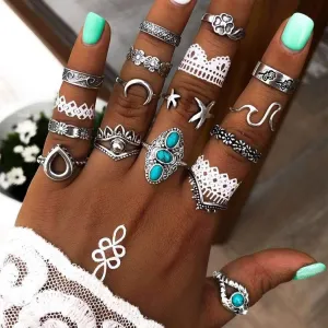 Halloween Vintage Rings Sliver Stackable Finger Rings Set Turquoise Rhinestones Knuckle Joint Midi Ring Jewelry Hollow Carved Hand Accessories for Women