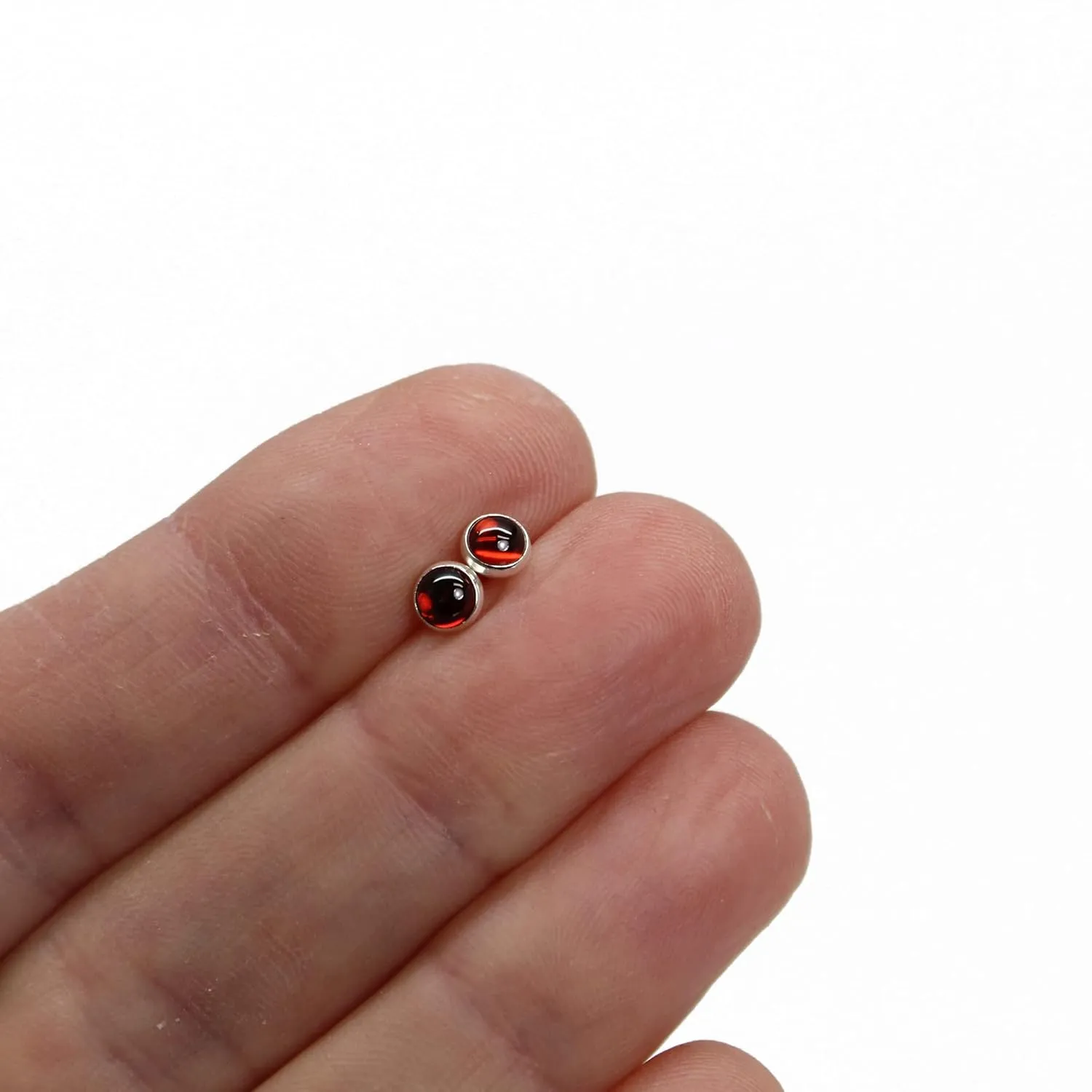 Handmade Almandine Garnet Gemstone Stud Earrings for Women and Girls, 4mm Round Bezel 925 Sterling Silver