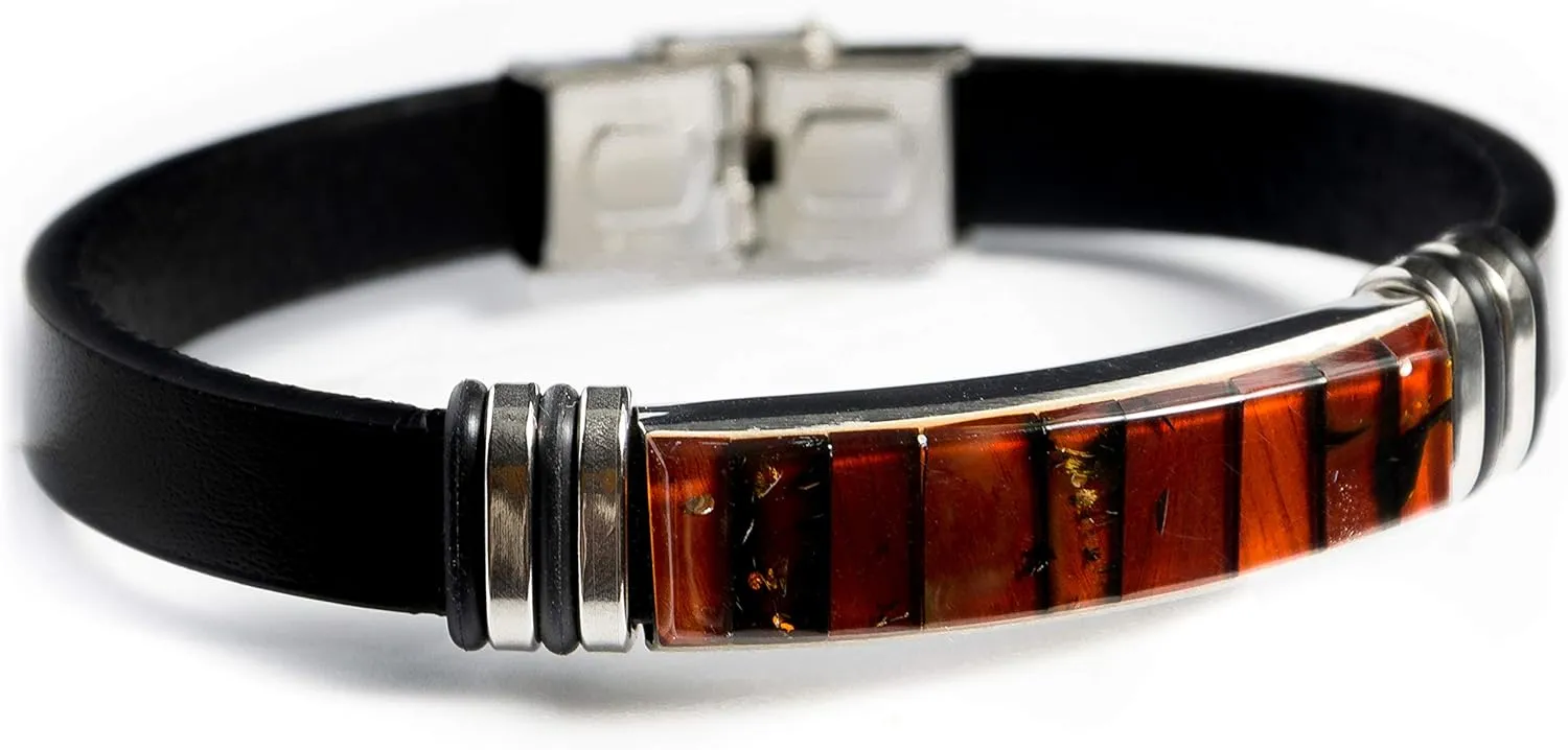 Handmade Baltic Amber Mosaics Bracelet with Leatherette Band, Stainless Steel Clasp, ideal for 7.4 in Wrist Size, Adjustable, Baltic Amber Jewelry for Adults, Unisex (Cherry and dark cognac)