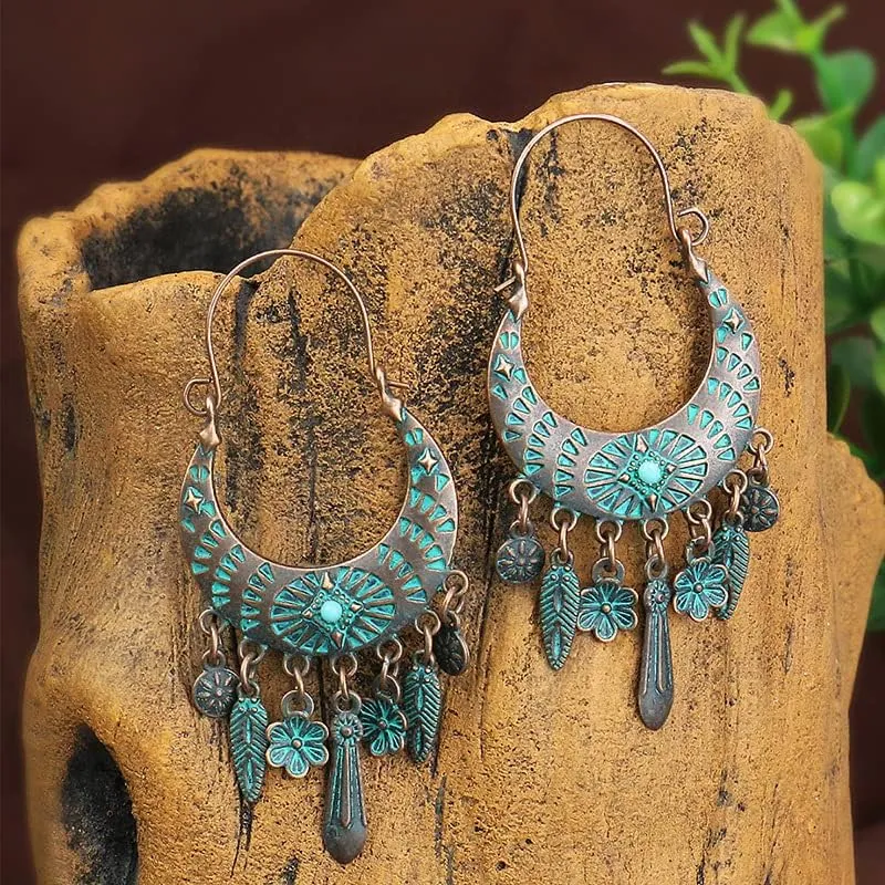 Handmade Bohemian Vintage Bronze Tassel Chandelier Dangle Drop Earrings Ethnic Gypsy Beads Tassel Hoops Earring with Teardrop Charms Boho Ear Jewelry for Women
