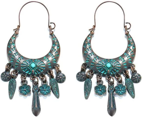 Handmade Bohemian Vintage Bronze Tassel Chandelier Dangle Drop Earrings Ethnic Gypsy Beads Tassel Hoops Earring with Teardrop Charms Boho Ear Jewelry for Women