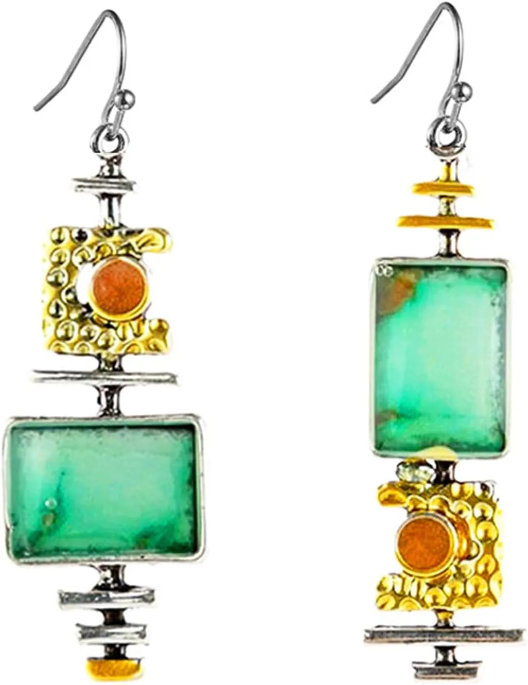 Handmade Boho Earrings for Women Dainty Handmade Lightweight Vintage Bohemian Green Stone Metal Dangle Drop Statement Earrings Asymmetrical Botique Artsy Jewelry Gifts