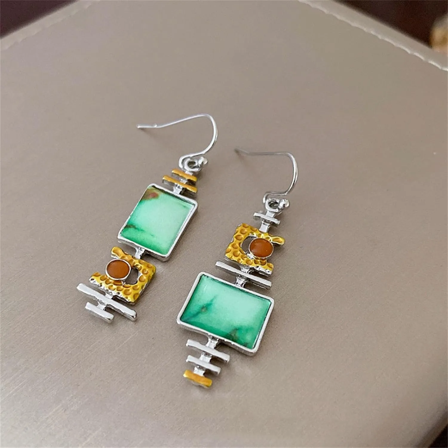 Handmade Boho Earrings for Women Dainty Handmade Lightweight Vintage Bohemian Green Stone Metal Dangle Drop Statement Earrings Asymmetrical Botique Artsy Jewelry Gifts