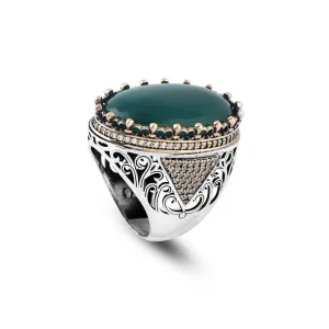 Handmade Jade Ring with Micro Sapphire - Chunky Sterling Silver Engagement Ring for Men - Vintage Ottoman Style with Custom Engraving - Gift Silver Polishing Cloth Included (10)