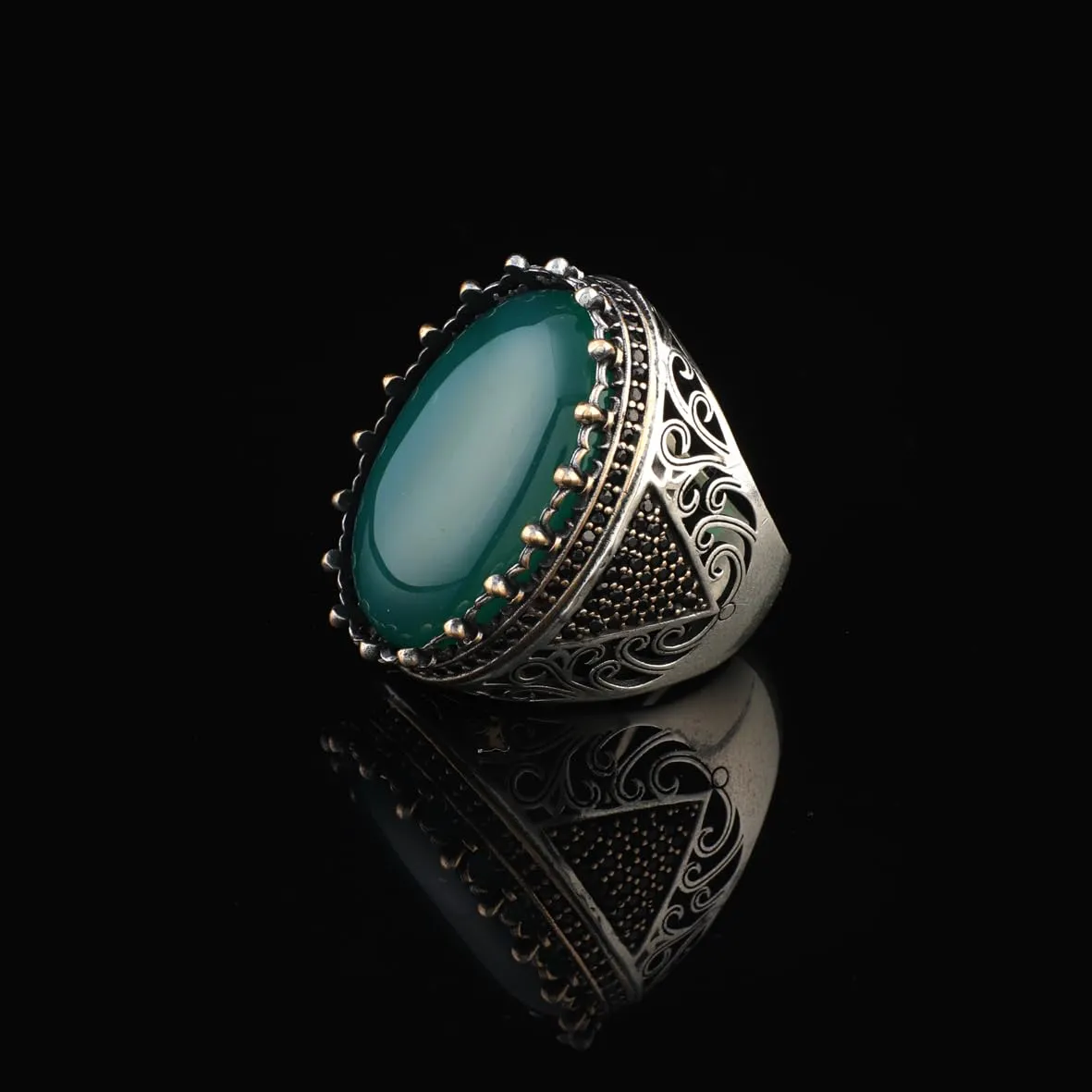 Handmade Jade Ring with Micro Sapphire - Chunky Sterling Silver Engagement Ring for Men - Vintage Ottoman Style with Custom Engraving - Gift Silver Polishing Cloth Included (10)