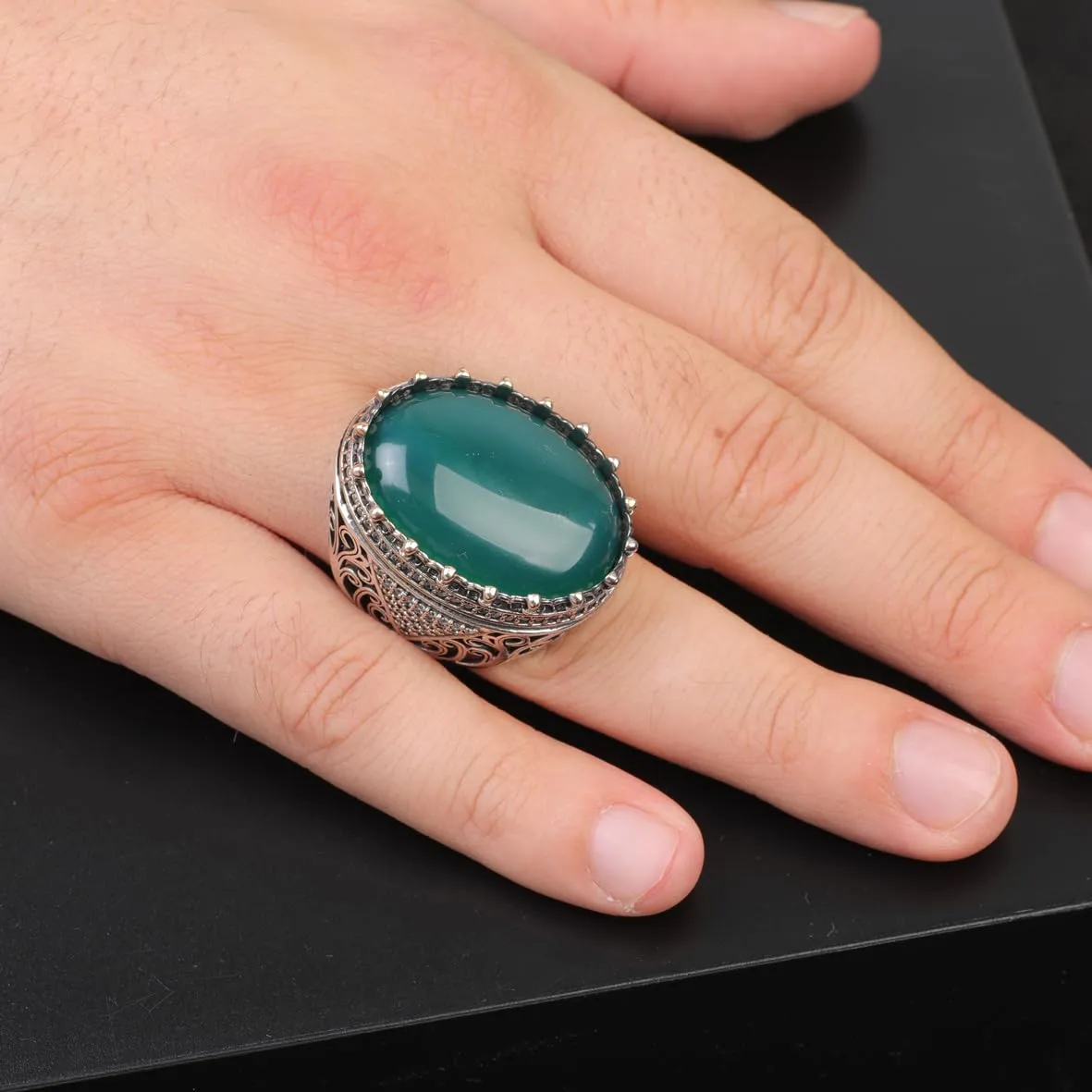 Handmade Jade Ring with Micro Sapphire - Chunky Sterling Silver Engagement Ring for Men - Vintage Ottoman Style with Custom Engraving - Gift Silver Polishing Cloth Included (10)