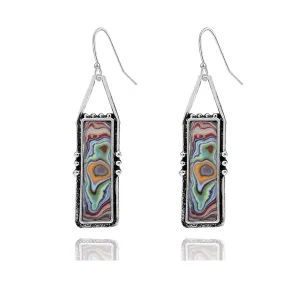 Handmade Rainbow Earrings for Women Girls Boho Vintage Ethnic Silver Teardrop Colorful Glazed Agate Lightweight Geometric Dangle Drop Statement Earrings Jewelry Gifts (Rectangle Earrings)