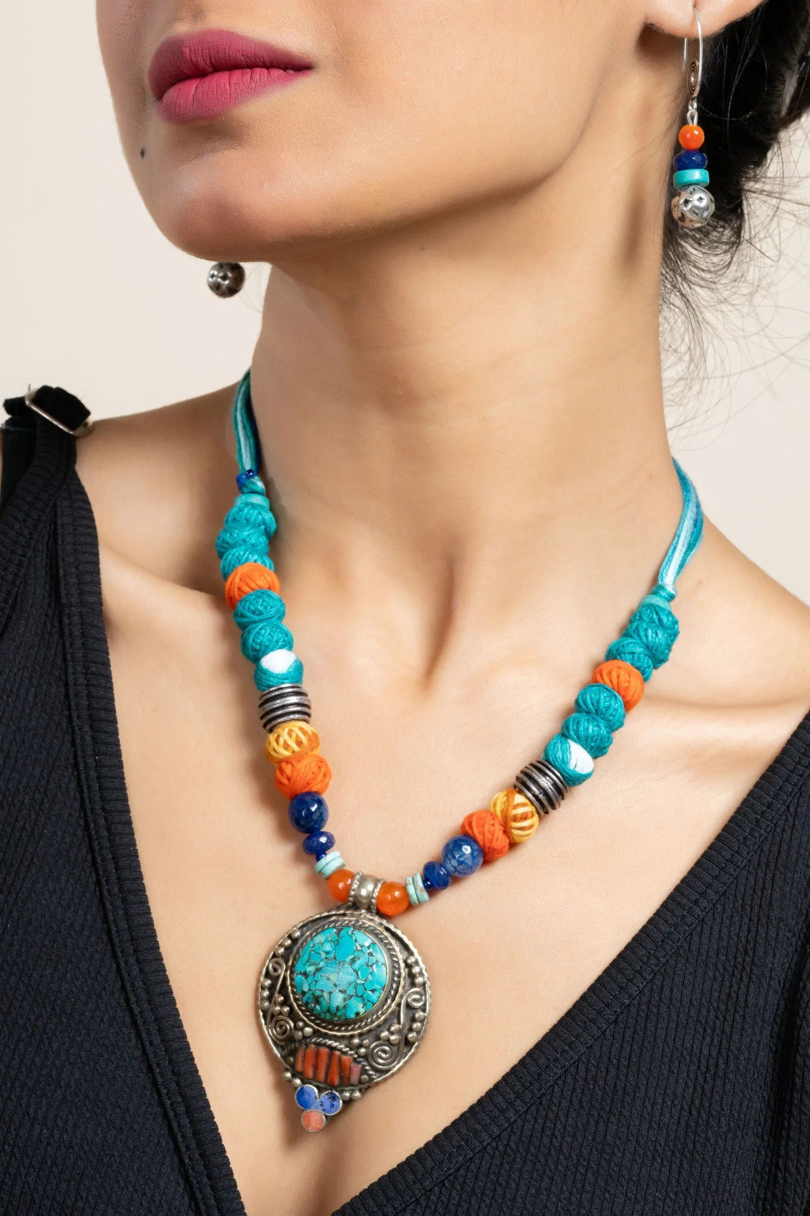Handmade Semi Precious Turquoise Blue Red Tibetan Necklace Set with Matching Earrings and Adjustable Dori