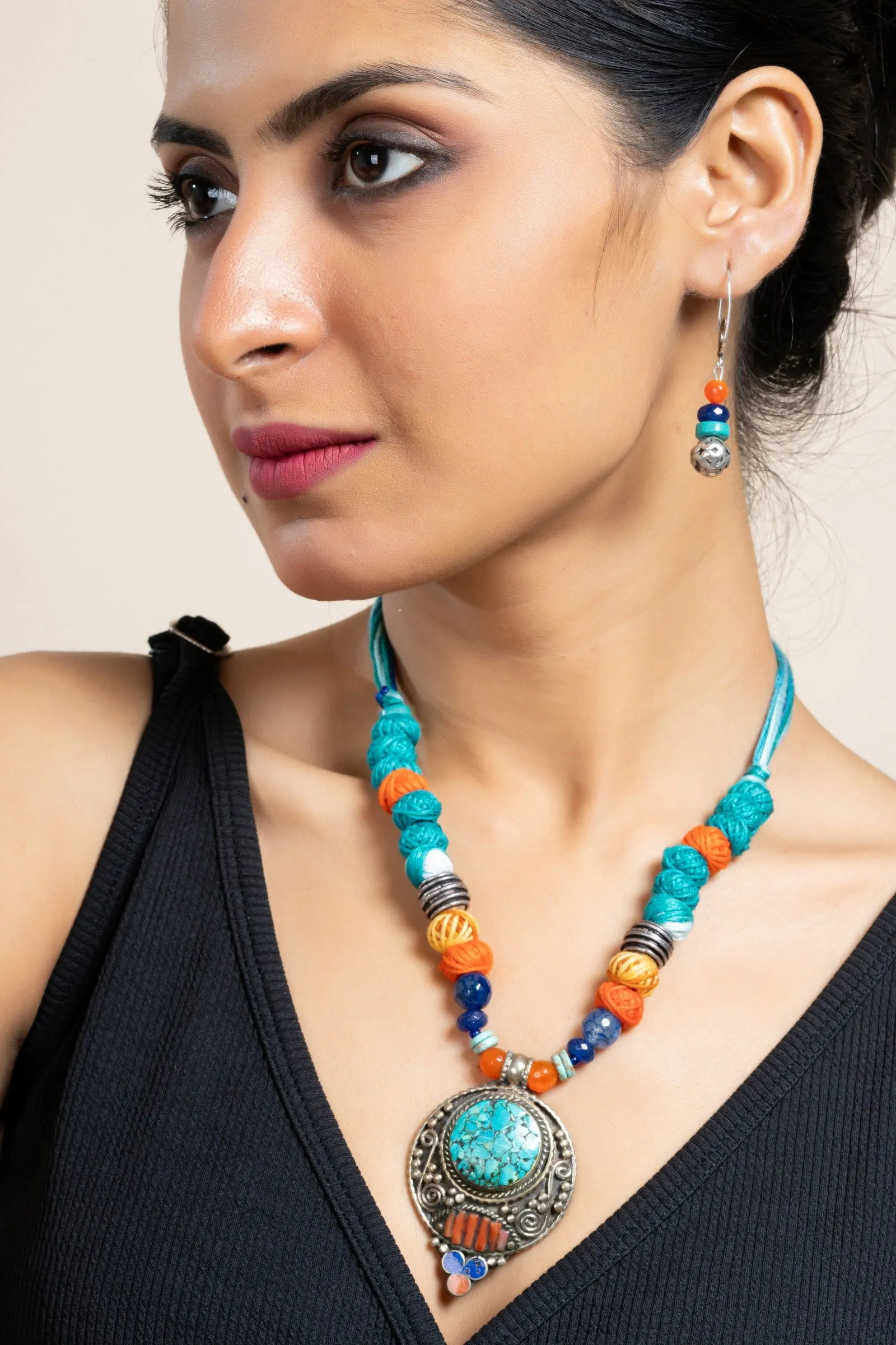 Handmade Semi Precious Turquoise Blue Red Tibetan Necklace Set with Matching Earrings and Adjustable Dori